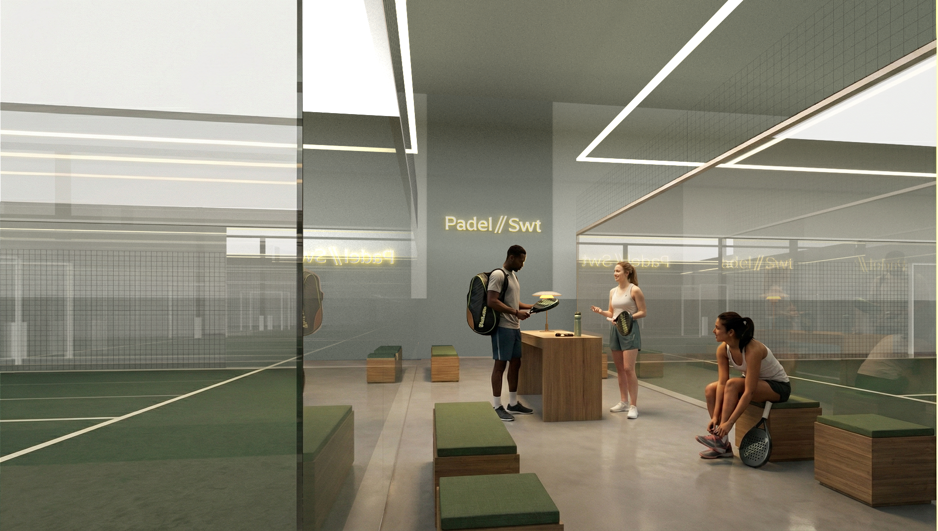 Padel SWT Corridor with court views and comfortable seating