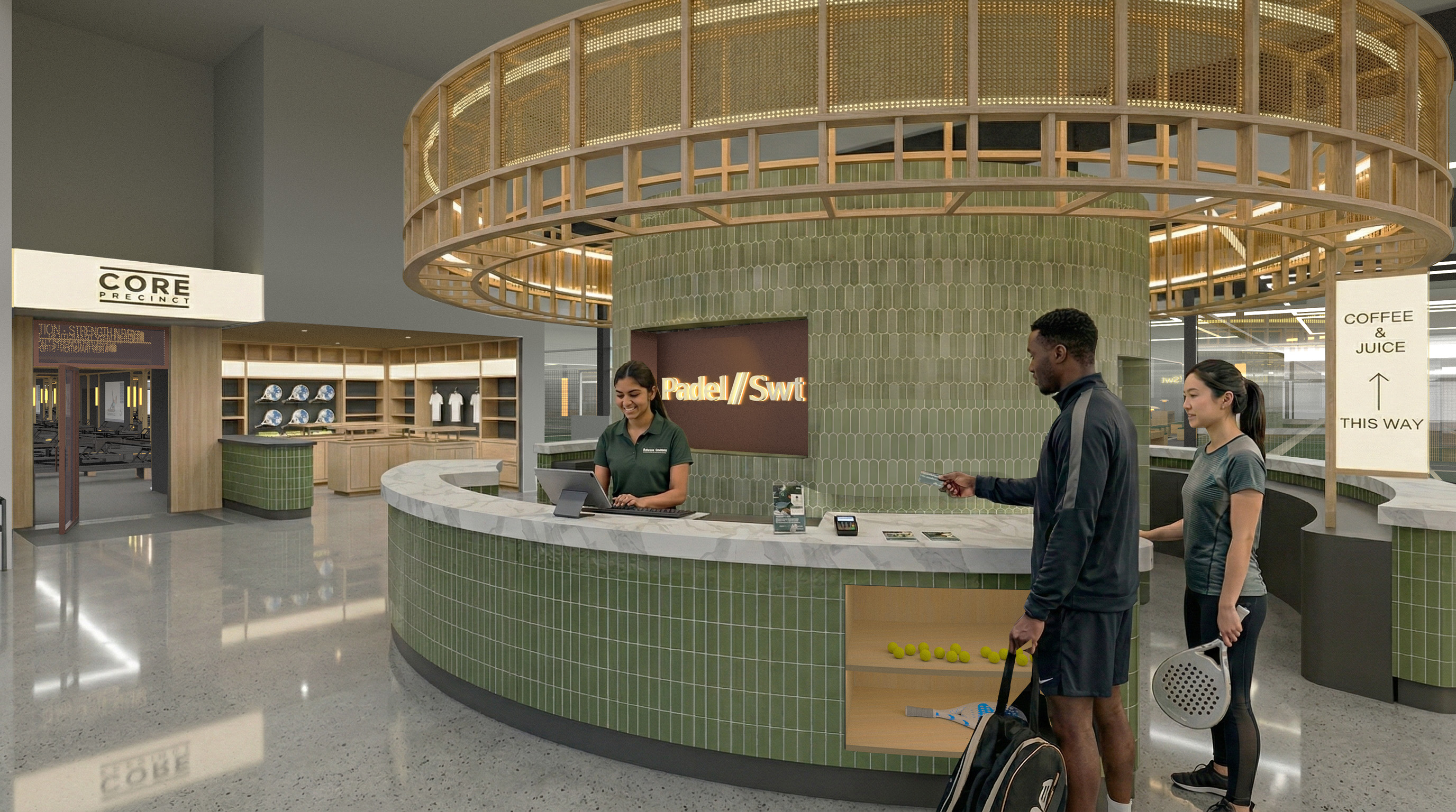 Padel SWT Reception Area with welcoming staff and modern design